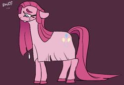 Size: 441x303 | Tagged: safe, artist:gorjee-art, derpibooru import, pinkie pie, earth pony, pony, g4, colored hooves, crying, ears, female, floppy ears, hooves, mare, pinkamena diane pie, purple background, sad, simple background, smiling, solo