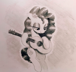 Size: 2434x2318 | Tagged: safe, artist:mizhisha, derpibooru import, pear butter, earth pony, pony, g4, female, guitar, looking down, mare, musical instrument, pencil drawing, smiling, solo, traditional art