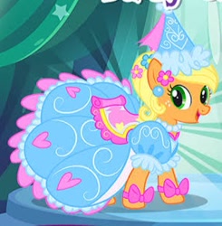 Size: 292x298 | Tagged: safe, derpibooru import, applejack, g4, look before you sleep, applejack also dresses in style, beautiful, clothes, dress, dressup, froufrou glittery lacy outfit, gameloft, happy, hat, hennin, princess, princess applejack, puffy sleeves, smiling