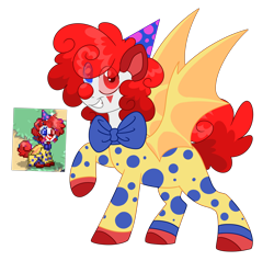 Size: 5638x5376 | Tagged: safe, artist:crazysketch101, derpibooru import, pony, bat wings, bowtie, clown, clown nose, hat, necktie, onesie, party hat, polka dots, pony town, red nose, simple background, solo, transparent background, wings