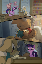 Size: 3143x4711 | Tagged: safe, artist:ciborgen, derpibooru import, mayor mare, twilight sparkle, unicorn twilight, earth pony, pony, unicorn, g4, book, bookshelf, duo, duo female, ears, eyes closed, female, filing cabinet, floppy ears, frown, high res, hoof licking, indoors, inkwell, levitation, licking, magic, mare, no dialogue, open mouth, open smile, quill, scroll, smiling, telekinesis, underhoof