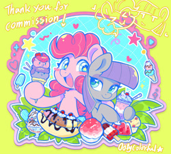 Size: 2000x1803 | Tagged: safe, artist:colorfulcolor233, derpibooru import, maud pie, pinkie pie, earth pony, pony, g4, :d, banana, blushing, chocolate, commission, cup, female, food, hoof hold, ice cream, leaf, lime background, mare, open mouth, open smile, outline, siblings, sisters, smiling, starry eyes, text, white outline, wingding eyes