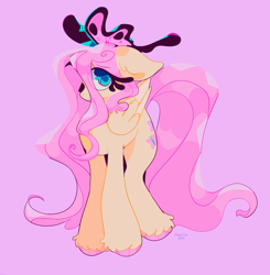 Size: 2008x2048 | Tagged: safe, artist:foxelity, derpibooru import, fluttershy, butterfly, pegasus, pony, g4, blue eyes, colored hooves, eye clipping through hair, eyebrows, eyebrows visible through hair, female, folded wings, full body, high res, hooves, mare, pink background, pink hooves, pink mane, pink tail, signature, simple background, solo, tail, unshorn fetlocks, wings, yellow coat