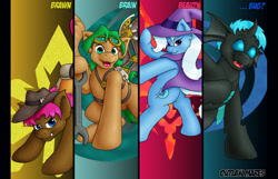 Size: 1280x825 | Tagged: safe, artist:thedigodragon, derpibooru import, trixie, oc, oc:cheryl rose, oc:ellie sprocket, oc:zeeps, changeling, earth pony, pegasus, pony, unicorn, g4, bipedal, changeling oc, earth pony oc, fanfic art, horn, pegasus oc