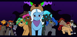 Size: 1024x494 | Tagged: safe, artist:thedigodragon, derpibooru import, king sombra, trixie, oc, oc:cheryl rose, oc:ellie sprocket, oc:zeeps, bat pony, changeling, earth pony, pegasus, unicorn, g4, bat pony oc, changeling oc, earth pony oc, fanfic art, horn, pegasus oc