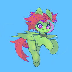 Size: 850x850 | Tagged: safe, alternate version, artist:cutesykill, derpibooru import, oc, oc only, oc:enokai, bat pony, pony, bandana, bat pony oc, big ears, big eyes, blank flank, blue background, claws, colored eyebrows, commission, ears, eyebrows, eyebrows visible through hair, female, green coat, looking at you, mare, multicolored mane, neckerchief, purple eyes, raised hooves, red mane, red tail, saturated, simple background, smiling, smiling at you, solo, spiky mane, spiky tail, spread wings, tail, thick eyelashes, two toned eyes, wing claws, wingding eyes, wings