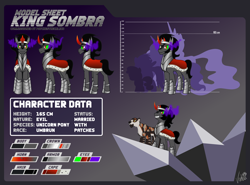 Size: 8000x5932 | Tagged: safe, artist:vixkra, derpibooru import, king sombra, pony, unicorn, g4, antagonist, armor, cape, clothes, commission, duo, duo male, evil, evil smile, gradient background, horn, information, magic, male, reference sheet, royalty, smiling