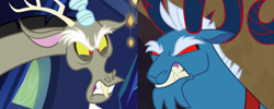 Size: 1404x563 | Tagged: safe, derpibooru import, edit, edited screencap, editor:incredibubbleirishguy, screencap, discord, grogar, draconequus, goat, sheep, dungeons and discords, frenemies (episode), g4, season 6, season 9, alternate scenario, angry, cropped, duo, duo male, gritted teeth, growling, grudge, hatred, male, ram, real grogar, red eyes, rivalry, side by side, snarling, split screen, teeth, twilight's castle, two sides, vs