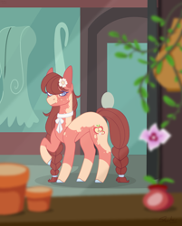 Size: 5213x6487 | Tagged: safe, artist:stars-in-a-bottle, derpibooru import, oc, oc only, oc:sweet-apple blossom, earth pony, pony, braid, coat markings, female, flower, flower in hair, mare, offspring, parent:big macintosh, parent:torque wrench, plant pot, socks (coat marking), solo, story included