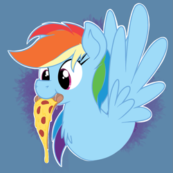 Size: 1091x1091 | Tagged: safe, artist:eels, derpibooru import, rainbow dash, pegasus, pony, g4, chest fluff, cute, dashabetes, female, food, mare, meat, mouth hold, pepperoni, pepperoni pizza, pizza, solo, spread wings, wings