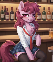 Size: 1952x2280 | Tagged: safe, ai content, derpibooru import, generator:pony diffusion v6 xl, generator:stable diffusion, machine learning generated, berry punch, berryshine, earth pony, pony, g4, alcohol, blushing, chest fluff, clothes, drink, ear fluff, ears, female, friday, high res, human shoulders, looking at you, mare, necktie, plaid skirt, prompter:midnight dashie, shirt, sitting, skirt, solo, stockings, thigh highs, white shirt