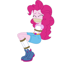 Size: 2000x2000 | Tagged: safe, artist:nie-martw-sie-o-mnie, derpibooru import, pinkie pie, human, equestria girls, g4, legend of everfree, bondage, bound and gagged, camp everfree outfits, cloth gag, clothes, eyes closed, female, femsub, gag, pinkiesub, rope, rope bondage, shoes, shorts, simple background, sneakers, solo, submissive, tied up, transparent background