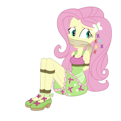 Size: 2000x2000 | Tagged: safe, artist:nie-martw-sie-o-mnie, derpibooru import, fluttershy, human, equestria girls, g4, legend of everfree, bondage, bound and gagged, butterfly hairpin, camp fashion show outfit, cloth gag, clothes, dress, female, femsub, fluttersub, gag, rope, rope bondage, simple background, solo, submissive, tied up, transparent background