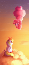 Size: 1080x2340 | Tagged: safe, artist:candy meow, derpibooru import, pinkie pie, rainbow dash, earth pony, pegasus, g4, cartoon physics, cloud, duo, female, floating, inflatable, inflated tail, inflation, mare, phone wallpaper, pinkie being pinkie, pinkie physics, shocked, sitting, sky, smiling, stars, sunset, tail