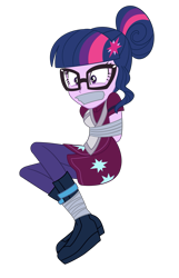 Size: 1467x2280 | Tagged: safe, artist:nie-martw-sie-o-mnie, derpibooru import, sci-twi, twilight sparkle, equestria girls, friendship games, g4, bondage, clothes, female, femsub, gag, glasses, hair bun, simple background, solo, sports outfit, submissive, tape, tape bondage, tape gag, tied up, transparent background, twisub