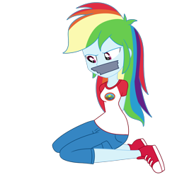 Size: 2000x2000 | Tagged: safe, artist:nie-martw-sie-o-mnie, derpibooru import, rainbow dash, equestria girls, g4, legend of everfree, arm behind back, camp everfree outfits, dashsub, female, femsub, gag, kneeling, simple background, solo, submissive, tape, tape gag, transparent background