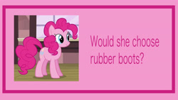 Size: 3840x2160 | Tagged: safe, artist:star153, derpibooru import, edit, edited screencap, screencap, pinkie pie, earth pony, g4, boots, cropped, galoshes, q3, question, rain boots, rubber boots, shoes, solo, wellies