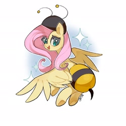 Size: 1920x1920 | Tagged: safe, artist:huan, derpibooru import, fluttershy, pegasus, pony, g4, :d, animal costume, bee costume, clothes, costume, female, flutterbee, flying, gradient background, looking back, mare, open mouth, open smile, smiling, solo, sparkles, spread wings, wings