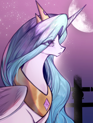 Size: 1536x2048 | Tagged: safe, artist:dagugu78943, derpibooru import, princess celestia, alicorn, pony, g4, bust, eye clipping through hair, eyebrows, eyebrows visible through hair, female, jewelry, mare, moon, night, night sky, outdoors, regalia, sky, solo, starry night