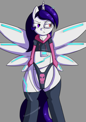 Size: 2480x3508 | Tagged: safe, artist:jaden forte, derpibooru import, oc, oc only, cyborg, unicorn, amputee, angry, artificial wings, augmented, clothes, cute, female, horn, mare, mechanical wing, paggi outfit, panties, prosthetic leg, prosthetic limb, prosthetics, socks, thigh highs, underwear, wings