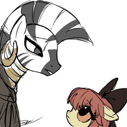 Size: 2048x2048 | Tagged: safe, artist:-天堂列車, derpibooru import, apple bloom, zecora, earth pony, pony, zebra, g4, cloak, clothes, female, filly, foal, frown, looking at each other, looking at someone, mare, simple background, white background