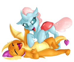 Size: 3000x2500 | Tagged: safe, artist:chaoskomori, artist:jbond, color edit, derpibooru import, edit, ocellus, smolder, changedling, changeling, dragon, g4, colored, cute, dragoness, duo, female, high res, laughing, lying down, on back, simple background, tickle fight, tickling, white background