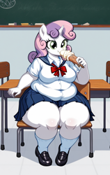 Size: 600x948 | Tagged: safe, ai content, derpibooru exclusive, derpibooru import, generator:stable diffusion, machine learning generated, sweetie belle, anthro, unicorn, g4, bbw, chalkboard, clothes, fat, food, horn, ice cream, indoors, prompter:professordoctorc, school uniform, schoolgirl, shoes, skirt, socks, solo, sweetie belly, thigh highs, thighs, thunder thighs