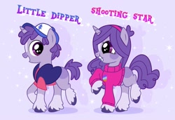 Size: 1819x1241 | Tagged: safe, artist:doodlesinky, derpibooru import, pony, unicorn, alternate universe, blank flank, braces, clothes, colt, dipper pines, duo, female, filly, foal, gravity falls, headband, horn, jacket, mabel pines, male, mystery twins, ponified, siblings, species swap, sweater, twins