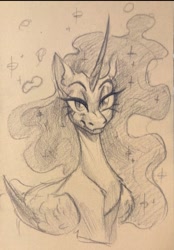 Size: 1080x1548 | Tagged: safe, artist:owl_clare, derpibooru import, nightmare moon, alicorn, pony, g4, curved horn, fangs, female, horn, mare, sketch, slit eyes, solo, traditional art