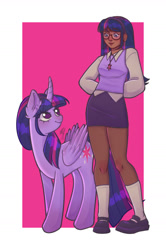 Size: 856x1290 | Tagged: safe, artist:apiandaflower, derpibooru import, twilight sparkle, twilight sparkle (alicorn), alicorn, human, pony, g4, blushing, clothes, curved horn, cute, dark skin, duo, ear fluff, ears, glasses, hairband, horn, human ponidox, humanized, jewelry, meganekko, necklace, self paradox, self ponidox, shirt, shoes, skirt, socks, stockings, sweater vest, thigh highs, twiabetes