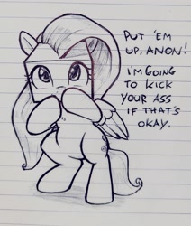 Size: 1736x2048 | Tagged: artist needed, safe, derpibooru import, fluttershy, pegasus, pony, g4, bipedal, dialogue, doodle, if that's okay with you, ink drawing, lined paper, ready to fight, solo, square head, traditional art