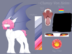 Size: 1638x1228 | Tagged: safe, anonymous artist, derpibooru import, oc, oc only, oc:clumsy von heim, original species, pony, undead, vampire, vampony, bat wings, choker, closed species, fangs, gem eyed dracula race, gem eyes, male, open mouth, pansexual, pansexual pride flag, pride, pride flag, reference sheet, short tail, simple background, solo, spread wings, stallion, tail, wings