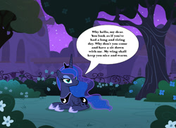 Size: 1768x1285 | Tagged: safe, artist:dashiesparkle, artist:shadowwolf, derpibooru import, princess luna, g4, bronybait, canterlot gardens, lying down, night, outdoors, prone, speech bubble, talking to viewer