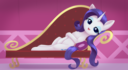 Size: 3428x1888 | Tagged: safe, artist:dusthiel, derpibooru import, rarity, pony, unicorn, g4, carousel boutique, fainting couch, horn, leaning, looking at you, solo