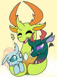 Size: 2750x3696 | Tagged: safe, artist:chaosimp2006, derpibooru import, ocellus, pharynx, thorax, changedling, changeling, g4, blushing, female, gradient background, hug, king thorax