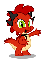 Size: 1400x1933 | Tagged: safe, artist:aleximusprime, derpibooru import, oc, oc only, oc:starr, oc:sterrdergon, dragon, baby, baby dragon, choker, christianity, cross, cross necklace, crucifix, dragon oc, dragoness, dragonsona, female, gift art, happy, jewelry, necklace, non-pony oc, simple background, solo, transparent background, waving