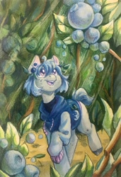 Size: 1404x2048 | Tagged: safe, artist:owl_clare, derpibooru import, oc, oc only, earth pony, pony, blueberry, clothes, ear piercing, earring, female, food, forest, hoodie, jewelry, mare, nature, piercing, solo, traditional art, tree