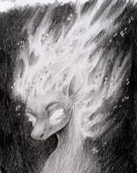 Size: 1787x2257 | Tagged: safe, alternate version, artist:owl_clare, derpibooru import, oc, oc only, pony, black and white, fiery mane, flower, flower in hair, grayscale, monochrome, solo, traditional art