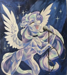 Size: 1438x1603 | Tagged: safe, artist:owl_clare, derpibooru import, oc, oc only, crystal pony, pegasus, pony, choker, ear piercing, earring, female, gouache, jewelry, mare, microphone, microphone stand, piercing, singing, solo, spread wings, traditional art, wings