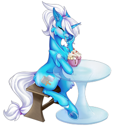 Size: 1740x1950 | Tagged: safe, artist:schizophrenicfox, derpibooru import, oc, oc only, oc:pummela, pony, unicorn, blushing, cheek fluff, cherry, cute, ear fluff, ears, eyes closed, food, horn, ice cream, mouth hold, ponytail, raised hoof, raised leg, simple background, sitting, smiling, spoon, table, transparent background, unicorn oc