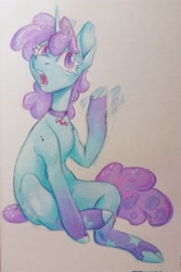 Size: 1365x2048 | Tagged: safe, artist:owl_clare, derpibooru import, oc, oc only, oc:jelly pop, pony, unicorn, choker, female, horn, mare, simple background, sitting, solo, traditional art, white background