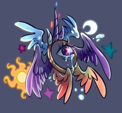 Size: 2122x1950 | Tagged: safe, artist:owl_clare, derpibooru import, princess celestia, princess luna, twilight sparkle, angel, pony, g4, biblically accurate angels, crying, female, gray background, horn, multiple horns, multiple wings, ophanim, simple background, wings