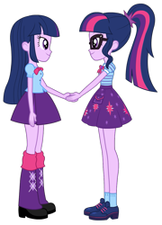 Size: 785x1093 | Tagged: safe, artist:cwt10101, derpibooru import, apple bloom, sci-twi, scootaloo, sweetie belle, twilight sparkle, human, equestria girls, g4, clothes, cutie mark crusaders, female, handshake, pleated skirt, sci-twi skirt, shoes, simple background, skirt, transparent background, twilight sparkle's skirt, twolight