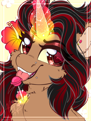 Size: 1800x2400 | Tagged: safe, artist:thehaywaiianhorse, derpibooru import, oc, oc only, oc:bramble angel mele, pony, unicorn, bust, candy, female, flower, flower in hair, food, horn, lollipop, magic, mare, portrait, solo