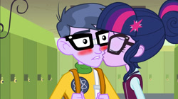 Size: 1100x618 | Tagged: safe, artist:bigpurplemuppet99, derpibooru import, sci-twi, twilight sparkle, human, equestria girls, g4, duo, duo male and female, female, glasses, indoors, kissing, lockers, male, micro chips, microlight, ship:microlight, shipping, straight