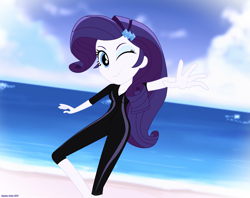 Size: 1981x1571 | Tagged: safe, artist:stephen-fisher, derpibooru import, rarity, human, equestria girls, g4, beach, black swimsuit, clothes, female, ocean, solo, swimsuit, water, wetsuit