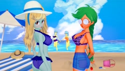 Size: 1920x1080 | Tagged: safe, artist:hornydogo, derpibooru import, oc, oc only, oc:fair flyer, oc:matinee, oc:morning mimosa, oc:soiree, equestria girls, g4, 3d, beach, beach umbrella, blue bikini, blue swimsuit, bucket, clothes, koikatsu, ocean, orange swimsuit, outdoors, purple bikini, purple swimsuit, swimsuit, water