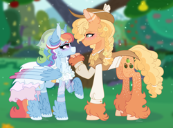 Size: 6905x5113 | Tagged: safe, artist:xxcheerupxxx, derpibooru import, applejack, rainbow dash, pony, g4, absurd resolution, alternate design, alternate universe, apple, apple tree, appledash, clothes, dress, duo, duo female, female, height difference, intertwined trees, lesbian, outdoors, pear tree, shipping, tree, wedding dress