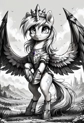 Size: 832x1216 | Tagged: safe, ai content, derpibooru import, generator:pony diffusion v6 xl, generator:stable diffusion, machine learning generated, derpy hooves, alicorn, g4, alicornified, armor, bipedal, crown, female, jewelry, monochrome, outdoors, prompter:gregorymars, race swap, regalia, solo, spread wings, standing, wings