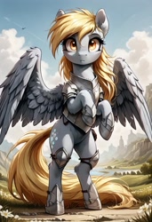 Size: 832x1216 | Tagged: safe, ai content, derpibooru import, generator:pony diffusion v6 xl, generator:stable diffusion, machine learning generated, derpy hooves, pegasus, g4, armor, bipedal, female, outdoors, prompter:gregorymars, solo, spread wings, standing, wings